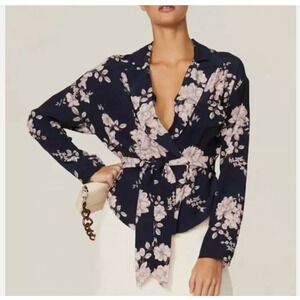 Marissa Webb Women's Size 8 Blue Pink Dark Floral Wrap Waist BlouseViscose